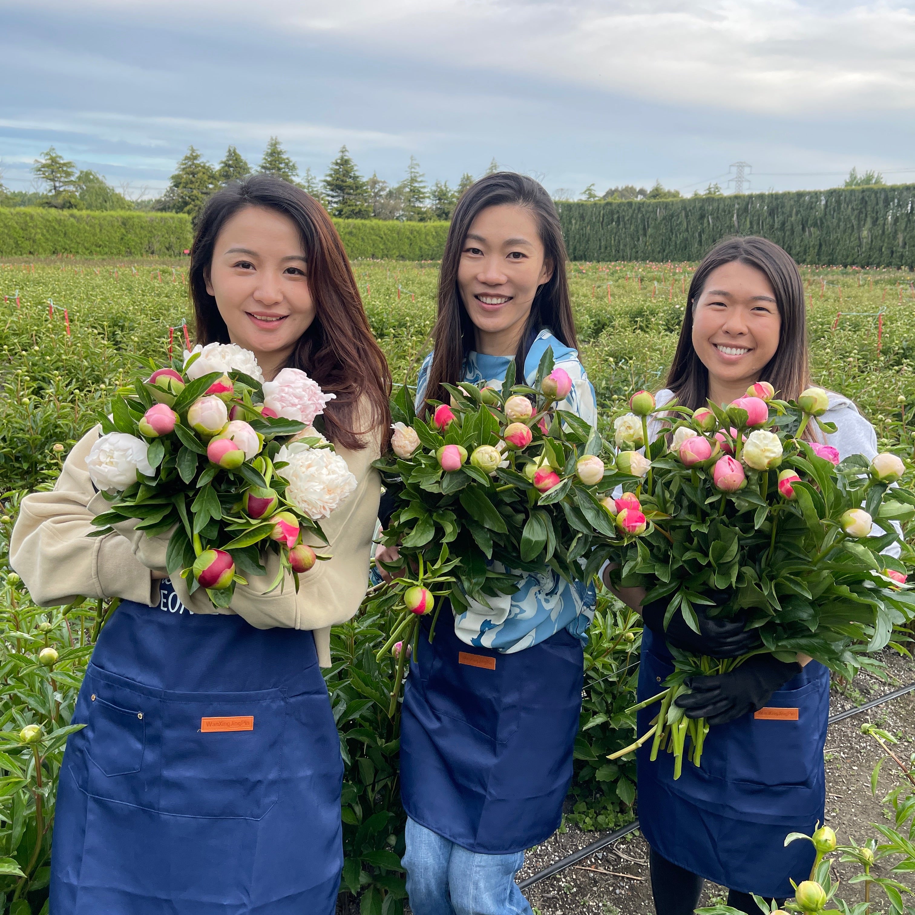 Three women holding flower arrangements outdoors in a fgield of peonies