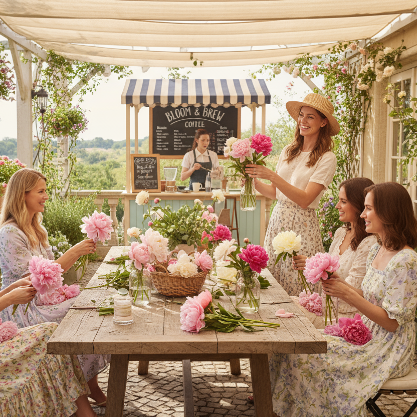 group of ladies dressed in spring time outfits sitting at a table and putting peony roses in a vase. One lady is standing around then assisting and directing them on what to do. They are sitting outside with a coffee stall in the background