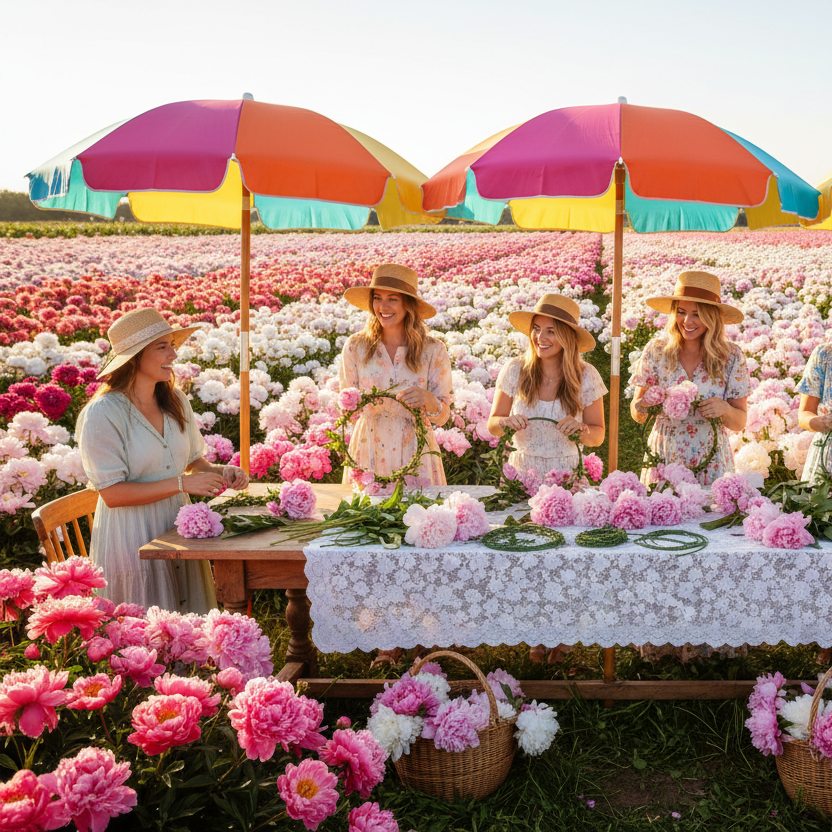 group of ladies in a peony field making wreaths of peonies on a decorated table under umbrellas with the sun shining